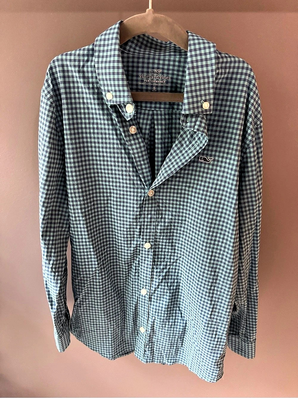 Vineyard Vines Boys Performance Gingham Button Down Blue S 8-10